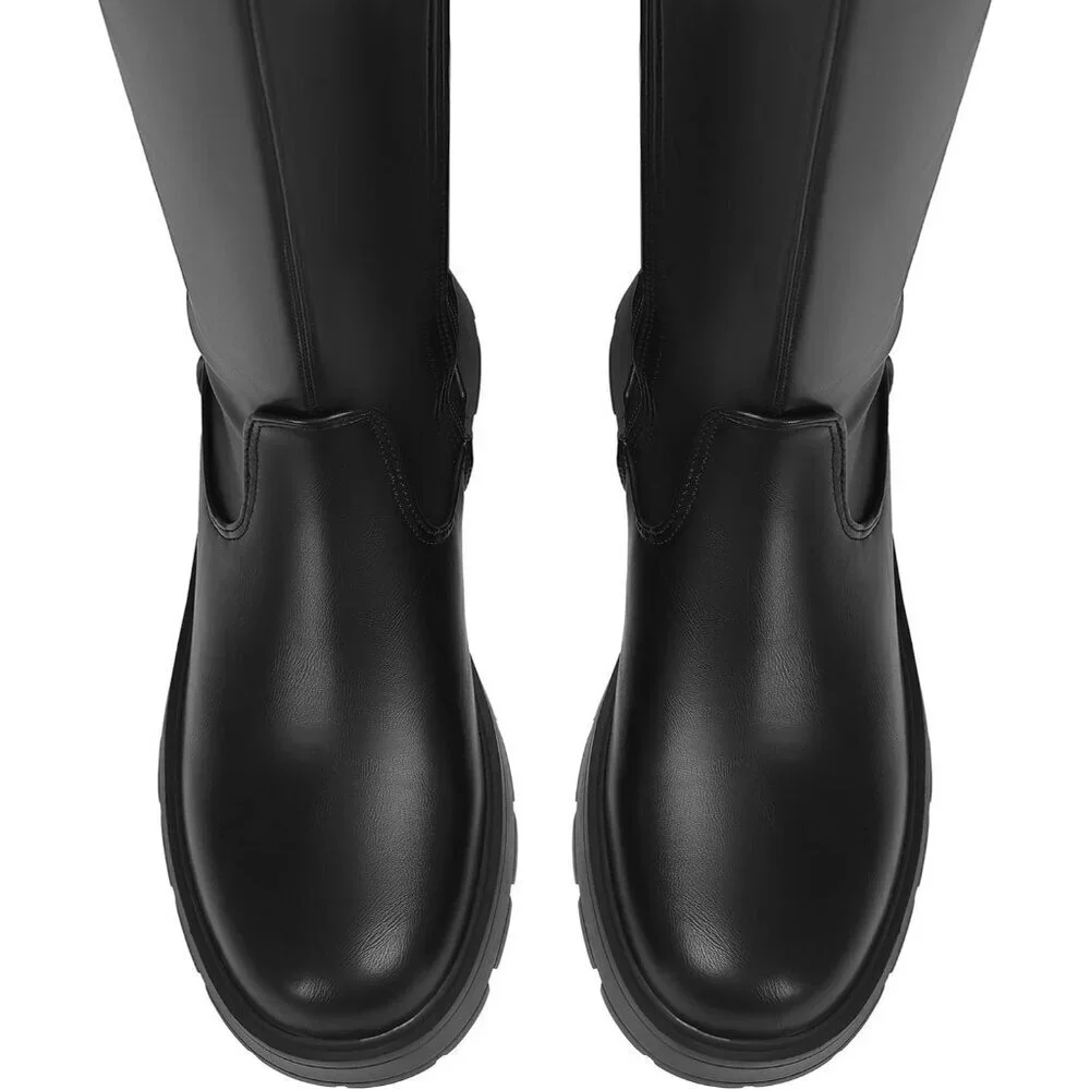 Womens Black-lace Up Polyurethane (PU) Rounded Toe Chunky Heel Thigh High Boots